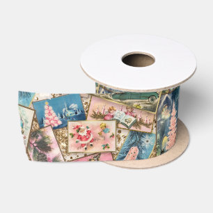 Vintage Pastel Christmas Card Collage Satin Ribbon