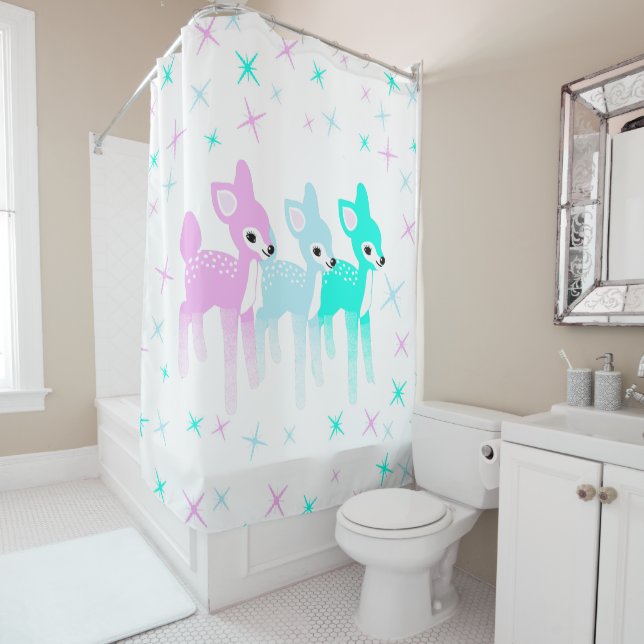 Vintage Pastel Deer Cute Christmas Kitschy Shower Curtain (In Situ)