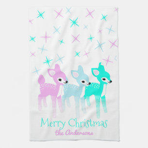 Vintage Pastel Deer Cute Christmas Personalized Tea Towel