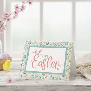 Vintage Pastel Easter Eggs Happy Easter Bunny Ears Holiday Card