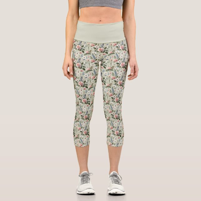 Vintage Pastel Floral Botanical Pattern Capri Leggings (Front)