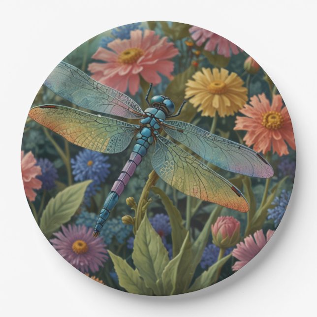 Vintage pastel floral garden dragonfly  paper plate (Front)
