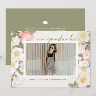 Vintage Pastel Flowers Beige Photo Graduation Invitation