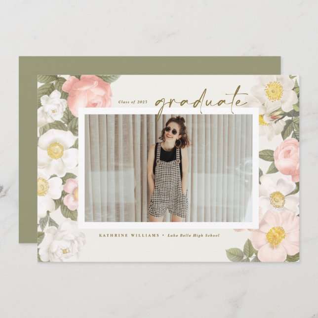 Vintage Pastel Flowers Beige Photo Graduation Invitation (Front/Back)