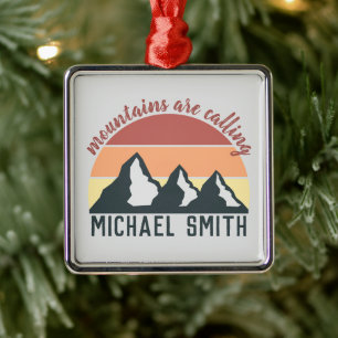 Vintage pastel mountains are calling monogram grey metal ornament
