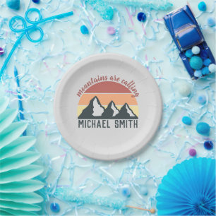 Vintage pastel mountains are calling monogram grey paper plate