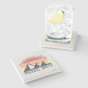 Vintage pastel mountains are calling monogram grey stone coaster