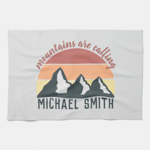 Vintage pastel mountains are calling monogram grey tea towel