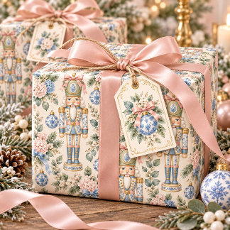 Vintage Pastel Nutcracker Hydrangea Christmas Wrapping Paper