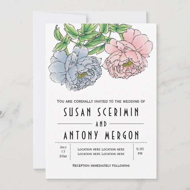Vintage pastel pink blue peony flowers wedding invitation (Front)