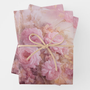 Vintage Pastel Pink Roses with Gold Accents  Wrapping Paper Sheet
