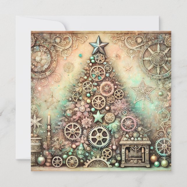 Vintage Pastel Steampunk Christmas Tree Card (Front)