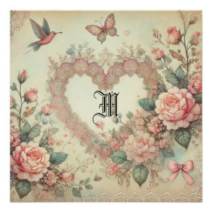 Vintage Pastel Watercolor Boho Floral Hearts Poster