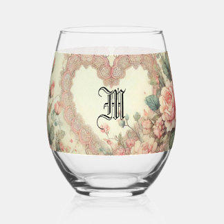 Vintage Pastel Watercolor Boho Floral Hearts Stemless Wine Glass