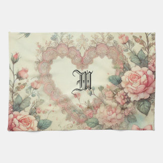 Vintage Pastel Watercolor Boho Floral Hearts Tea Towel