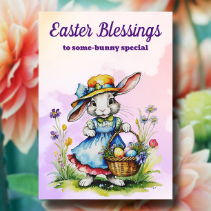 Vintage Pastel Watercolor Bunny Christian Easter Holiday Card