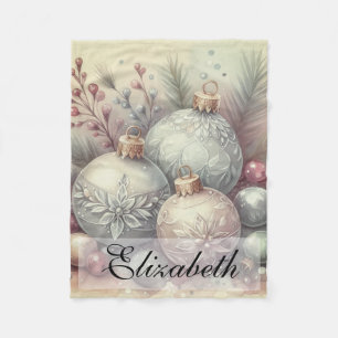 Vintage Pastel Watercolor Christmas Ornaments Fleece Blanket