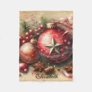 Vintage Pastel Watercolor Christmas Ornaments Fleece Blanket