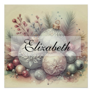 Vintage Pastel Watercolor Christmas Ornaments Poster