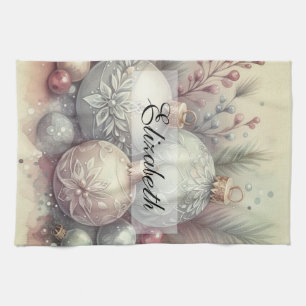 Vintage Pastel Watercolor Christmas Ornaments Tea Towel