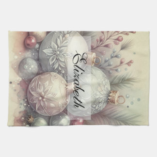 Vintage Pastel Watercolor Christmas Ornaments Tea Towel