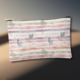 Vintage Pastel Watercolor Stripes Leaves Accessory Pouch
