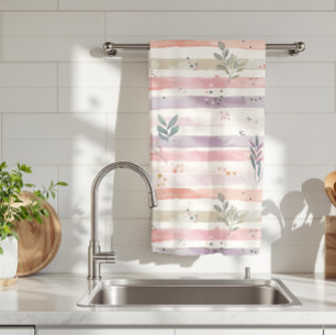 Vintage Pastel Watercolor Stripes Leaves Tea Towel