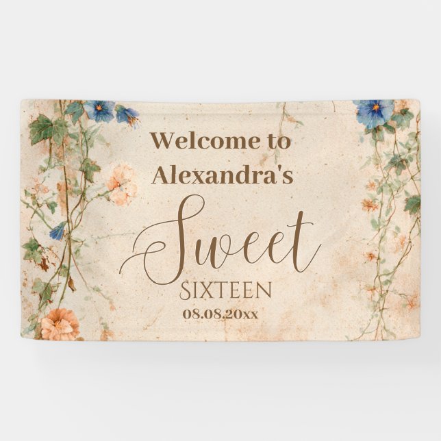 Vintage Pastel Wildflower Sweet Sixteen Banner (Horizontal)