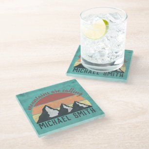 Vintage pastels mountains are calling monogram glass coaster