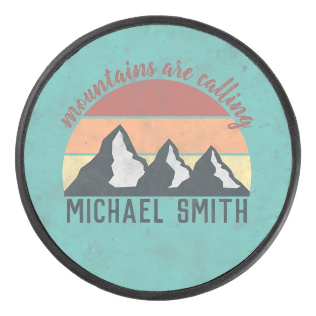 Vintage pastels mountains are calling monogram hockey puck (Front)