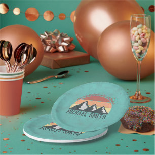 Vintage pastels mountains are calling monogram paper plate