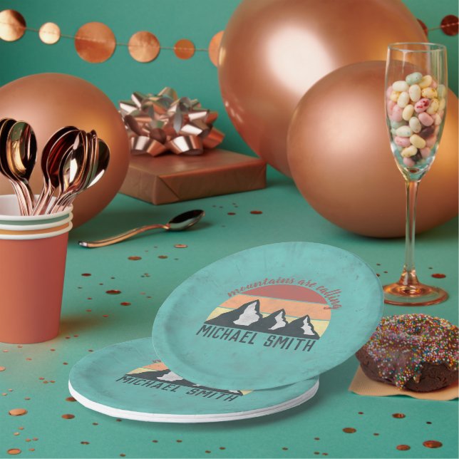 Vintage pastels mountains are calling monogram paper plate (Multi)
