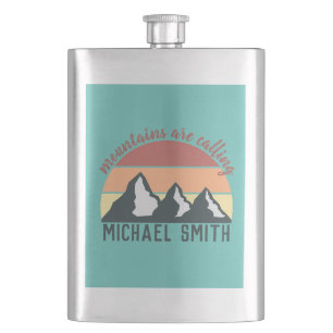 Vintage pastels mountains are calling monogram sky hip flask