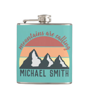 Vintage pastels mountains are calling monogram sky hip flask