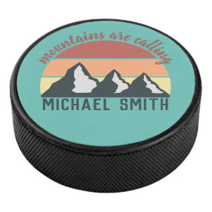Vintage pastels mountains are calling monogram sky hockey puck