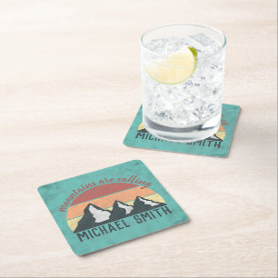 Vintage pastels mountains are calling monogram square paper coaster