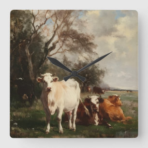 Vintage Pastoral Oil Painting Cows in Meadow Large Square Wall Clock