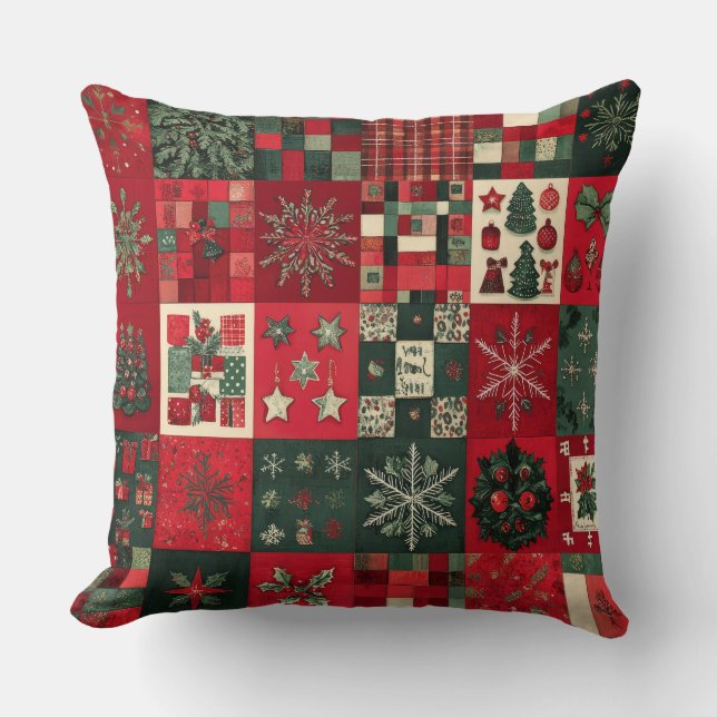 Vintage Patchwork Christmas Throw Pillow (Front)