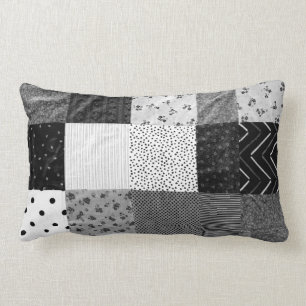 vintage patchwork fabric design black and white lumbar cushion
