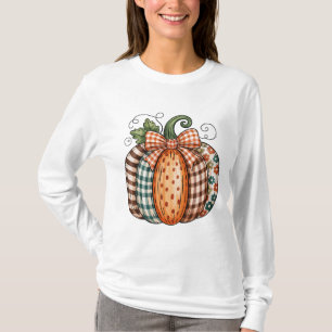 Vintage Patchwork Pumpkin Plaid Bow Autumn Graphic T-Shirt