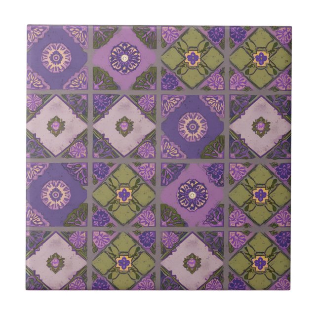 Vintage Patchwork Purple Lavender Green Ceramic Tile (Front)