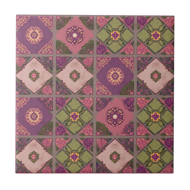 Vintage Patchwork Purple Pink Green Ceramic Tile (Front)