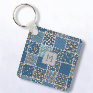 Vintage Patchwork Quilt in Blues Key Ring