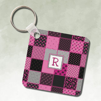 Vintage Patchwork Quilt Pink and Black Keychain