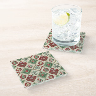 Vintage Patchwork Quilted Christmas Pattern Glass Coaster