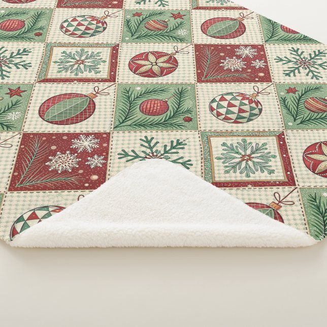 Vintage Patchwork Quilted Christmas Pattern Sherpa Blanket (3/4)