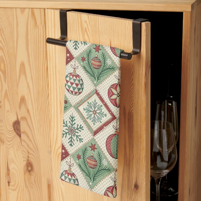 Vintage Patchwork Quilted Christmas Pattern Tea Towel (Thirds Fold)