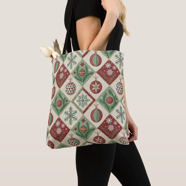 Vintage Patchwork Quilted Christmas Pattern Tote Bag (Close Up)
