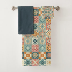 Vintage, patchwork quilted look bath towel set