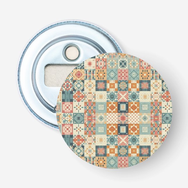 Vintage, patchwork quilted look bottle opener (Front)